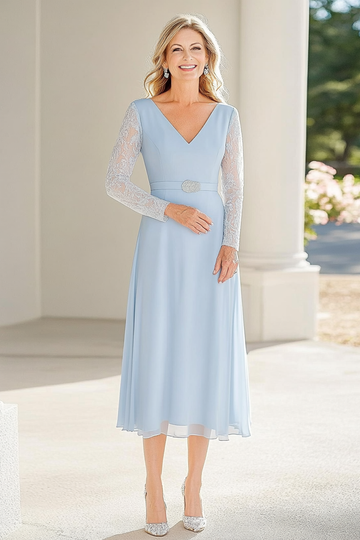 Lace Chiffon Sky Blue A Line V Neck Tea Length Mother of the Bride Dress with Belted